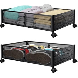 Under Bed Storage Containers with Wheels, Under Bed Shoe Storage Organizer Drawer, Tool-free Assembly Metal Storage Containers for Bedroom Clothes Shoes Blankets -2PCK
