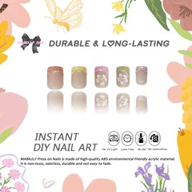 Press on Nails Short Square French Tip Fake Nails Three-Dimensional Water Droplet False Nails with Flower Designs Full Cover Colorful Glossy Glue on Nails Acrylic Nails for Women Girls 24Pcs
