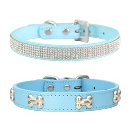 Suiecuor 2-Piece Leather Dog Collar Rhinestone Puppy Collar with Metal Bone Decoration Suitable for Small Medium Dogs and Cats Sky Blue S