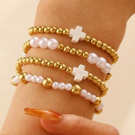 72ore Gold Cross Bracelets for Women Beaded Stackable Stretch Cross Non Tarnish Pearl Bracelets Wedding Party Prom Elegant Dresses Accessories Trendy Birthday Religious Jewelry Gift