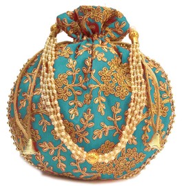 Indian Ethnic Light Blue Potli Bag Ladies Handbag Batwa Pearls Handle Clutch Purse for Women