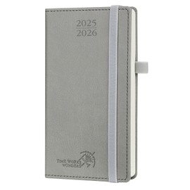 POPRUN Pocket Calendar 2025 2026 Small 16.5 x 9 cm (Aug.2025-Dec.2026) - Calendar 2025 2026 Small with PU Leather - Diary 1 Week 2 Pages with Pen Loop - Grey