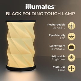 illumates Foldable LED Desk Lamp – USB Rechargeable & Portable - Dimmable Touch Control Light with Adjustable Height up to 8.25" for Office, Travel, Bedside - Sleek & Modern Design (Black)