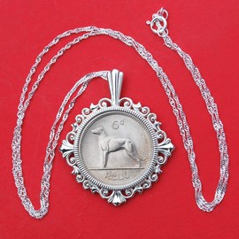 1969 Irish Ireland 6 Pence Wolfhound Greyhound Dog BU Unc Coin Solid 925 Sterling Silver Necklace