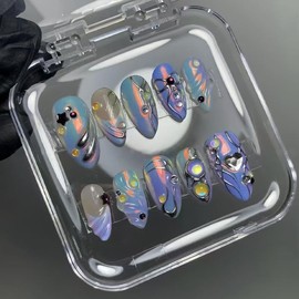 Mkwntg 24Pcs Purple Press on Nails Medium Almond Fake Nails with 3D Star Colorful Ripple Rhinestones Design Purple French Tip Glossy False Nails Heart Silver Bow Chrome Stick on Nails for Women Decor