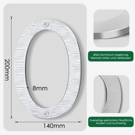 Lookopen House Number 0 Solid Aluminium Silver Height 20 cm Thickness 0.8 cm Brushed on Both Sides