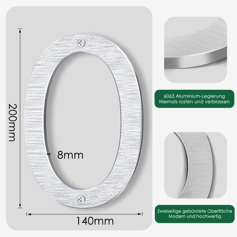 Lookopen House Number 0 Solid Aluminium Silver Height 20 cm