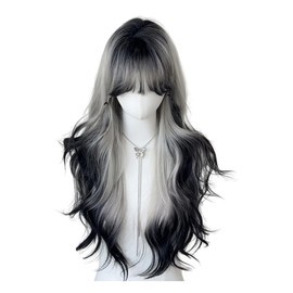 TTYAO REII Gray Black Gradient Wig Women Long Wavy Wig with Bangs Heat Resistant Synthetic Fiber Wig for Fancy Party