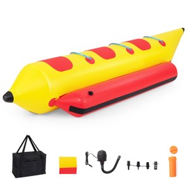 GYMAX Towable Tubes for Boating, 1-3 Riders Inflatable Banana Boat for Water Sport to Pull with Carry Bag, EVA Seat & Electric Pump, Hot Dog Towable Tube for Water Recreation Sports