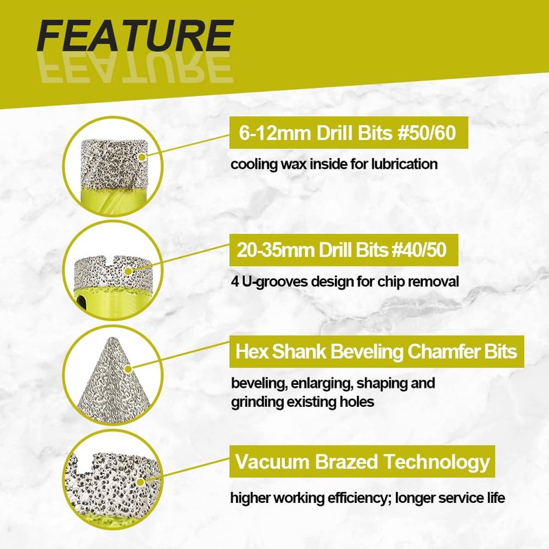 Diamond Core Drill Bits Set - 7pcs (6/8/10/20/25/35mm+50mm Hex Shank