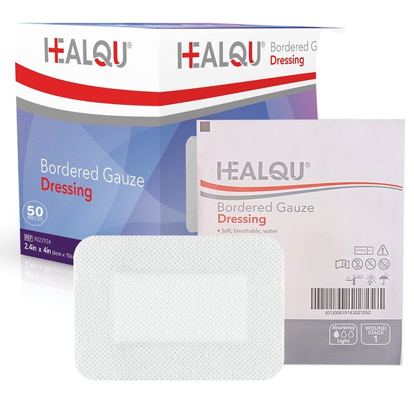 HEALQU Bordered Gauze Island Dressing - 50 Count, 2.4"x4" Sterile Individually Wrapped Gauze Pads with Water-Resistant, Non-Woven Backing - Soft and Breathable Wound Dressing for First Aid & Medical
