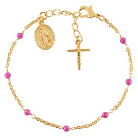 InfinityGemsArt Ruby Bracelets For Women July Birthstone Jewelry Micro Pink Beads Crystals and Healing Stones, Virgin Mary Jesus Christ Cross Charm Bracelet, 18K Gold Plated Chain 8 inch