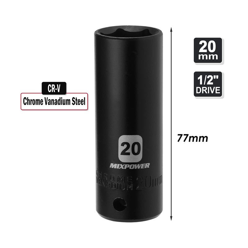 MIXPOWER 1/2-Inch Drive Deep Impact Socket - 20mm, Metric, CR-V,