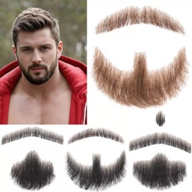 S-noilite Men Fake Beard Realistic Mustache Full Hand Tied Facial Lace Beards Human Hair - Brown3