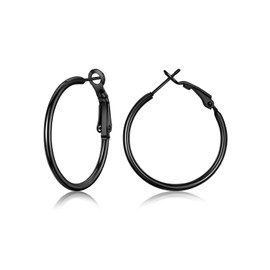 FOCALOOK Black Hoop Earrings for Women Hypoallergenic Stainless Steel Lightweight Thin Medium Hoops Earrings 30mm