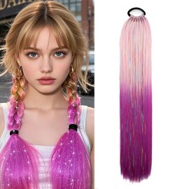 Ponytail Extension With Hair Tie 22 inch Colored Hair Extensions for Braiding Colorful Ombre Pony Tail Hair Extensions for Braids (Pink Purple, 24inch color ponytail)