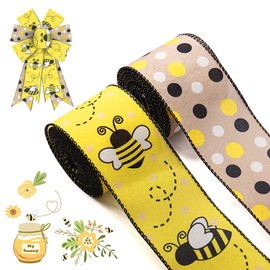 ALIBBON 2 Rolls 2.5" 5 Yd Spring Bee Wired Edge Ribbons Black White Yellow Dots Burlap Spring Honeybee Ribbon Flaxen Yellow for Wreaths DIY Crafting Gift Wrapping Bows Party Decoration