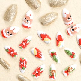 Almond Christmas Press on Nails Medium Red Santa Claus Fake Nails Gold Glitter Full Cover False Nails Acrylic Nails Christmas Glue on Nails Stick on Nails for Women and Girls