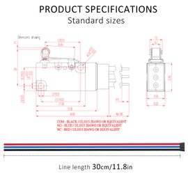 DIYhz Waterproof Short Hinge Roller Lever Momentary Cherry Push Button Micro Limit Switches with Line 10A 125 250V NC NO COM line Length 30CM