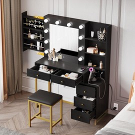 YITAHOME Makeup Vanity Desk with Mirror & Power Outlet, Vanity Set with Hidden Jewelry Storage Shelves and 5 Drawers, Adjustable 3 Lighting Colors, Hollywood Dressing Table with Stool, Black