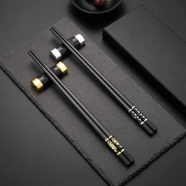 2 Pairs Gold/Silver Japanese Chopsticks Black + 2 Pieces Chopsticks Shelves Chopsticks Sushi Chopsticks Stainless Steel with Holder Gift Set Chinese Chopsticks Asian Cutlery with Gift Box