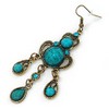 Victorian Style Teal/Azure Acrylic Bead Chandelier Earrings In Antique Gold