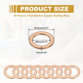 PATIKIL M8 Copper Washer Sealing Ring, 50 Pieces 8mm ID 12mm OD 1mm Thickness Metric Flat Sealing Gasket Crush Washer for Screws Bolt Sump Plugs Oil Drain