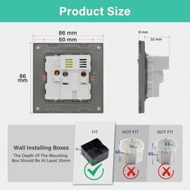 BSEED Single Switched Socket with USB C and USB A Charging Ports, UK Standard Electric Power Sockets with Glass Panel, 1 Gang 13A Wall Socket, Grey