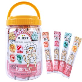 Pet Craft Supply Lickable Cat Treats Variety Pack (Salmon, Shrimp, Tuna, Chicken) 50ct Tub, Squeezable Tubes High Protein Cat Puree Wet Food or Food Topper