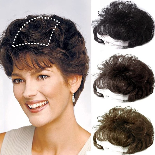 ICRAB Short Curly Real Human Hair Topper with Front Bangs