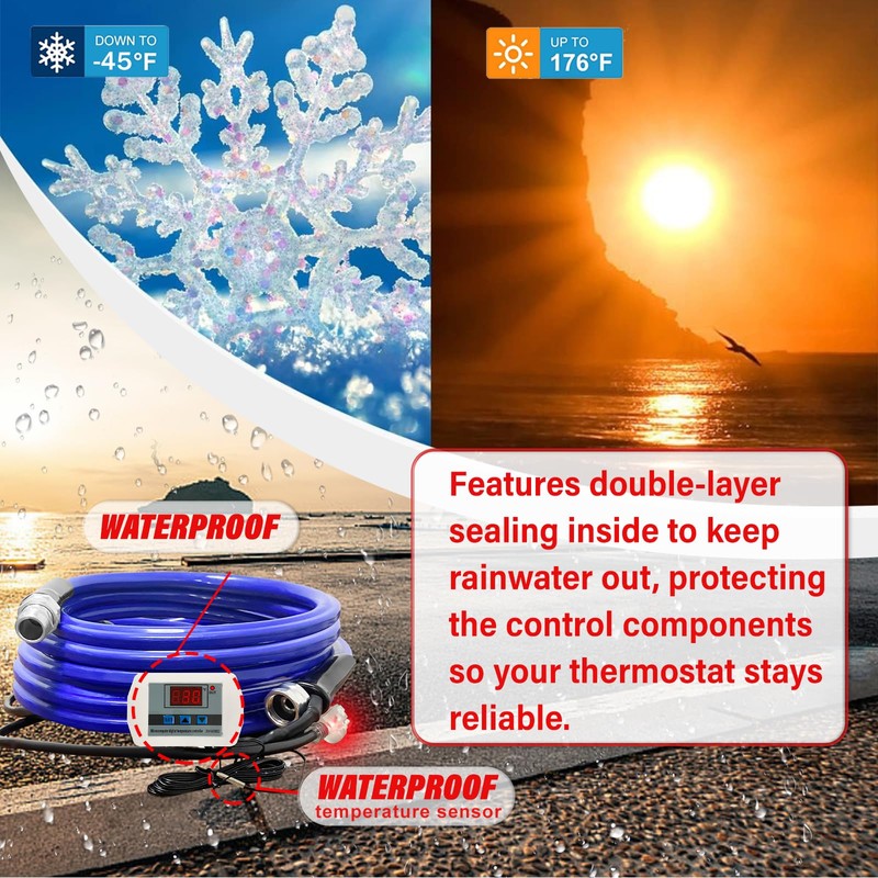 Cupohus Heated RV Water Hose 15FT,-45°F Freeze Protection Smart Thermostat