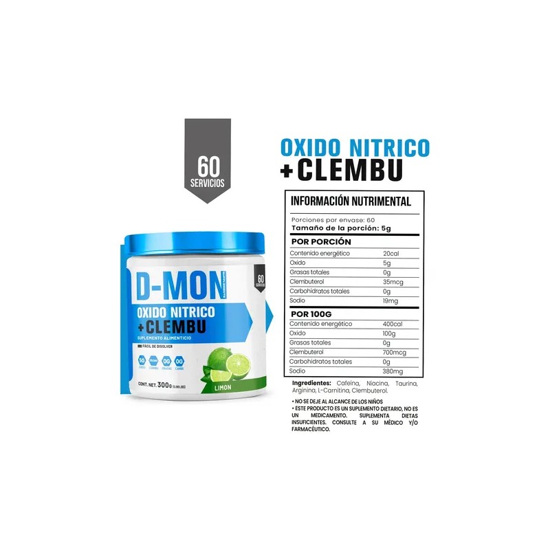 Óxido Nítrico + Clembuterol D-mon Protein 300g Preentreno Fu