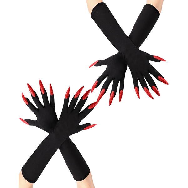 Suhine 2 Pair Black Witch Gloves with Claws Nails Halloween
