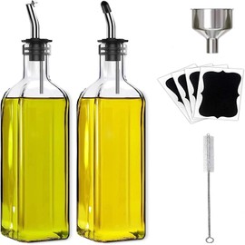WEFOO 2PCS Oil and Vinegar Cruet Bottle 500ml Olive Oil Glass Bottle with 2 Stainless Steel Pourers, 4 Labels, 1 Brush and 1 Funnel, Olive Oil Pourer for Kitchen Cooking