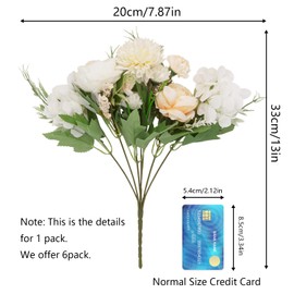 LAWOHO 6 Pack Artificial Flowers Fake Faux Peony Silk Carnations Hydrangea Daisy Realistic Flower Bouquets Arrangements for Wedding Decoration Plastic Floral Table Centerpieces Decor(White)
