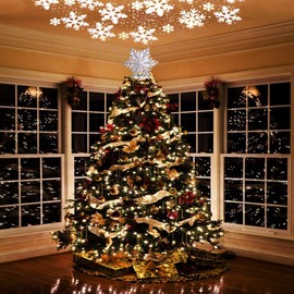 OurWarm Christmas Tree Topper Lighted with LED Rotating Silver Snowflake Decorations Projector Silver Snow Tree Topper Night Light Projector for Indoor Outdoor Christmas Tree Decorations