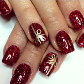 Christmas Press on Nails Short Medium Square Fake Nails with Gold Bow Designs Xmas Gift Red Glitter Full Cover False Nail Sparkling Glossy Acrylic Nails Stick on Nails for Women Christmas Decor 24Pcs