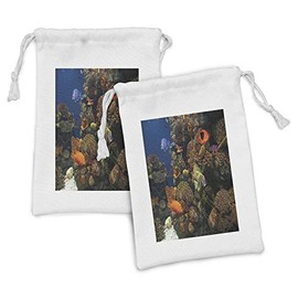 Lunarable Ocean Fabric Pouch Set of 2, Undersea Wildlife Environment with Colorful Sponge Corals Tropic Fishes, Small Drawstring Bag for Toiletries Masks and Favors, 9" x 6", Brown Orange and Blue