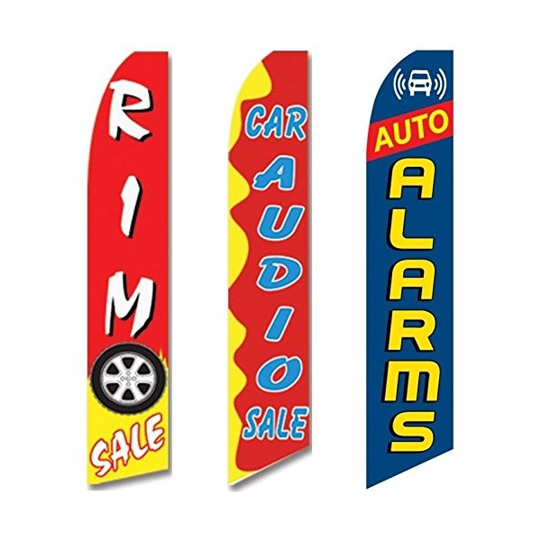 3 Swooper Flags Car Audio Rim SALE Auto Alarms Flag Red Yellow & Blue