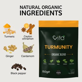 Turmunity Superfood Powder Blend 150g - Premium Organic Food - Vegan & Gluten Free - Rich Ayurveda, Turmeric, Black Pepper and More Formula - Ideal Latte Mix - Made in The UK