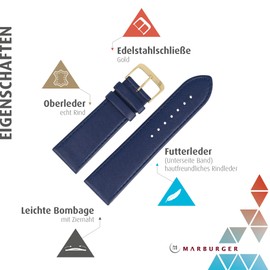 MARBURGER Watch Strap 24 mm Smooth Leather with Seam Tool Assembly Set 75924, dark blue/gold, Classic