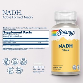 SOLARAY NADH 10 mg - Active Form of Niacin, Reduced NAD Supplement - Cofactor in Cellular Energy Pathways - Lab Verified, Gluten Free, 60-Day Guarantee - 30 Servings, 30 VegCaps