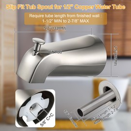 Dreyoo Slip On Diverter Tub Spout with Metal Cover Ring and Foam Gasket, Compatible with Kohler GP85556-CP, Bathroom Bathtub Faucet Set Replacement Fits 1/2'' Copper Water Tube (Brushed Nickel)