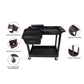 LUXOR EC11-B-OUTRIG Plastic Utility Tub Cart, Two Shelves with Outrigger Utility Cart Bins, 32" x 18", 400 lbs. Weight Capacity