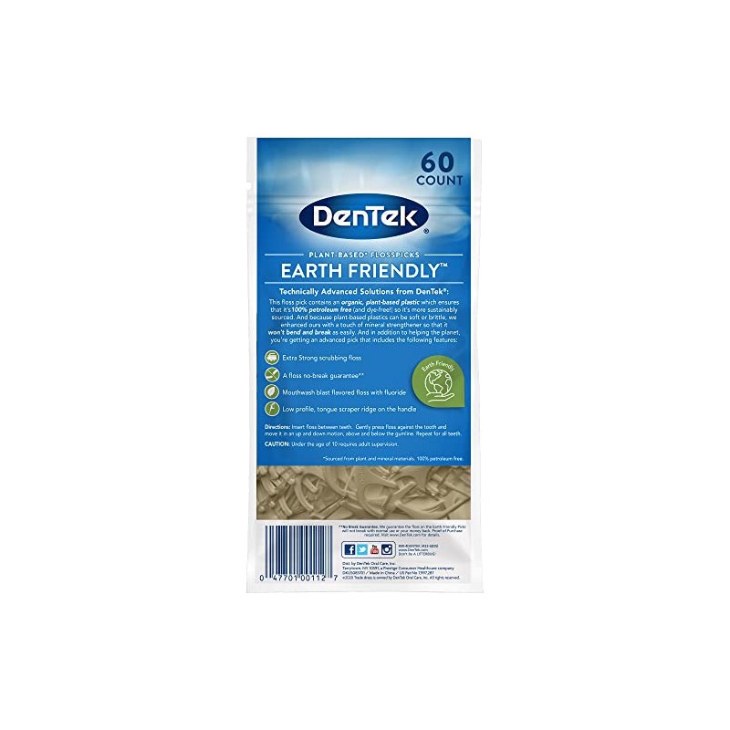 DenTek Earth Friendly Floss Picks, Organic Plant-Based bio-Plastic Handles, Mint,