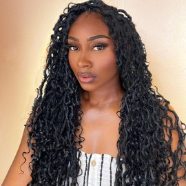 LIYATE Goddess Locs Crochet Hair 18 Inch 6 Packs Faux Locs Crochet Hair for Black Women Pre Looped Soft River Locs Crochet Braids with Curly Hair Bohemian Hippie Locs Synthetic Hair Extensions(1B)