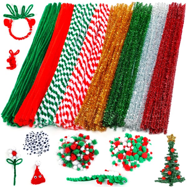 Christmas Pipe Cleaners,700 Pcs Pipe Cleaners Craft Set Including 200 Pcs Pipe Cleaners,400 Pcs Pom Poms Balls,100Pcs Wiggle Googly Eyes Self Adhesive Suitable for Home&School DIY Art Crafts