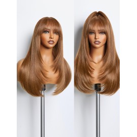 GORGIUS Brown Wig with Bangs, Long Straight Hair Layer Wig, Realistic True Scaple Glueless Bang Wig Upgraded with Style-Archive Premium Synthetic Fiber