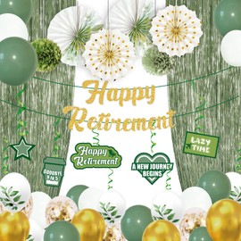40PCS Retirement Party Decorations Sage Green Happy Retirement Banner Paper Fans Foil Curtains Hanging Swirls Tissue Pom Poms Balloons Decor