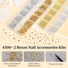 2 Boxes Metal Nail Beads and Flatback Pearls with Tweezers and Brush Kit, 1.5-5mm Gold & Silver Half Round Pearls, 0.8-3mm Gold Silver Small Caviar Beads Balls for Face Makeup Manicure Crafts(3-K2)